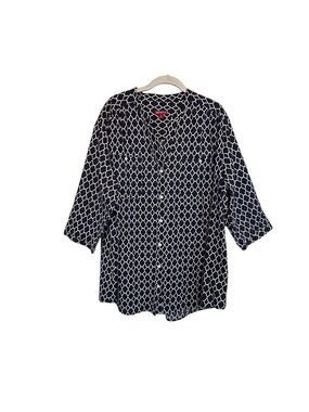 Merona Women's 3/4 Sleeve Geometric Print Button Up Top - Blue White - Sz 3XL
